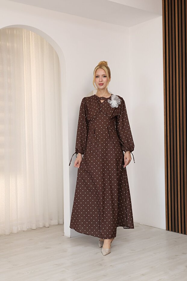 Polka Dot Pattern Long Sleeve Dress Coffee
