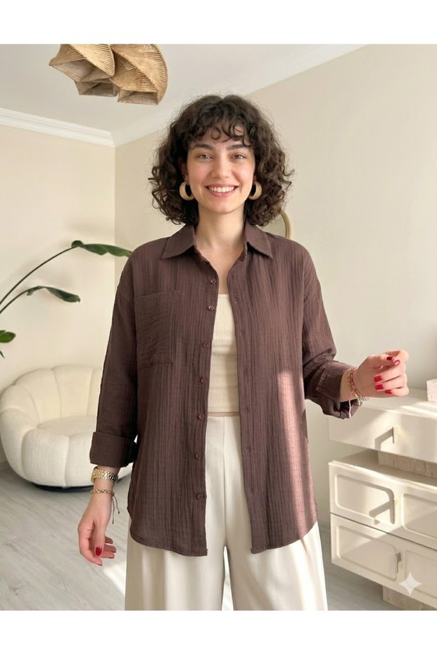 Women's Muslin Fabric Oversize Single Pocket Stylish Shirt