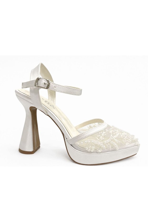 Transparent White Lace and Stone Detailed Platform Heelled Evening Dress Invitation Wedding Dress Heelled Shoes