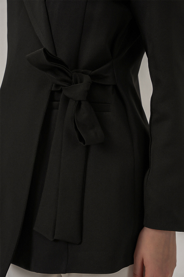 Women's Blazer with Collar, Belted, Side Tie, Black Jacket