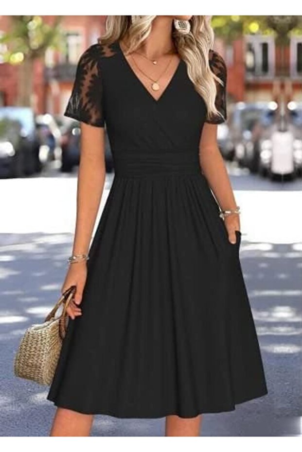 Women's Short Sleeve Double Breasted Collared Short Kiloş Viscose Dress