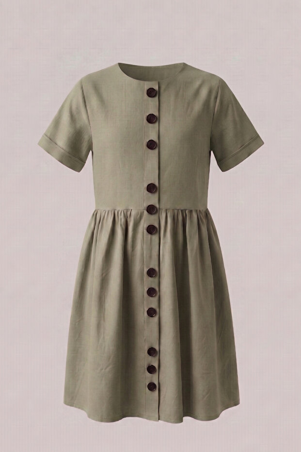 Girl's Short Sleeve Cotton Dress with Button Accessories, Ages 7-14