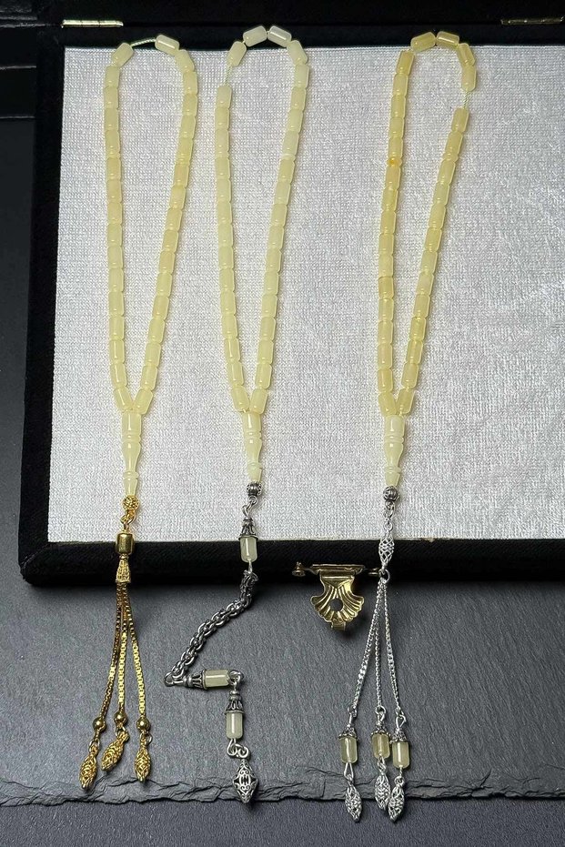 Set of 3 Wrist Length Silver Tasseled Rock Drop Amber Prayer Beads