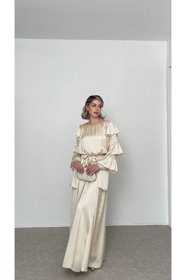 Shiny Fabric Ruffle Sleeve Dress
