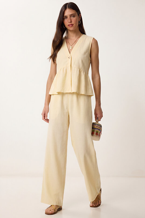 Linen Blouse Trousers Set Laz0009 Yellow