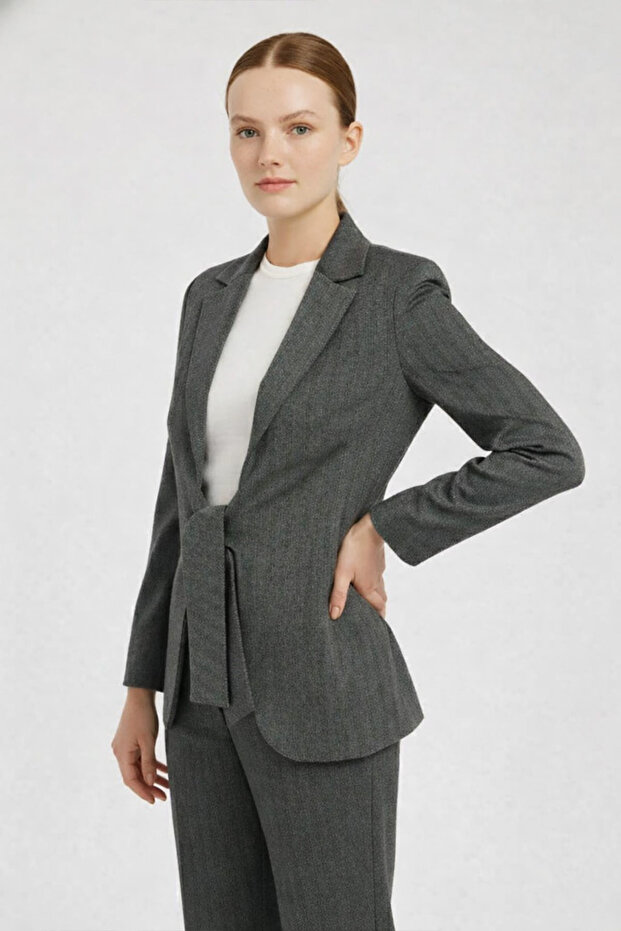 Dark Gray Women's Jacket with Tie Detail on the Front
