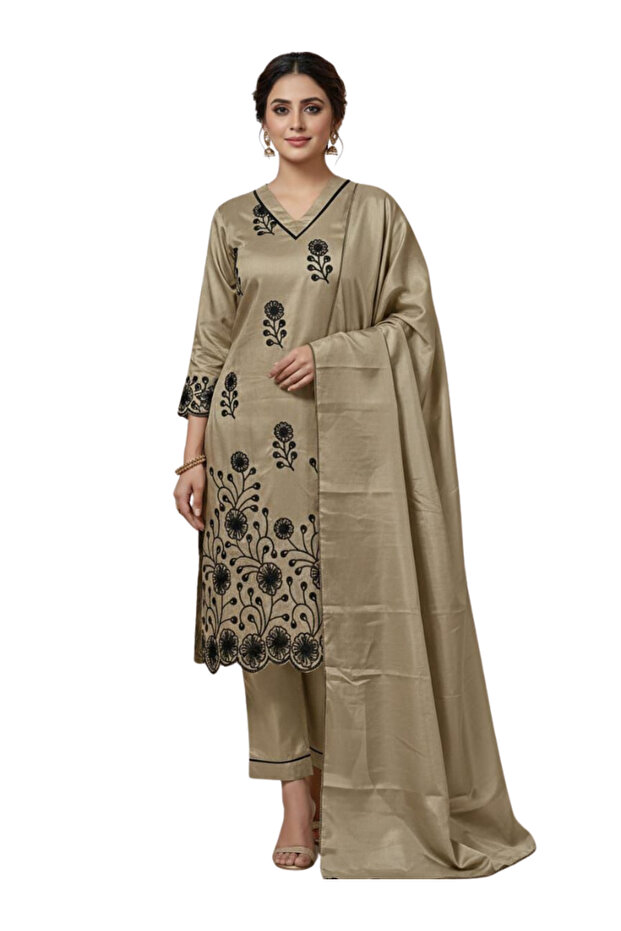 Brown Art Silk Embroidered Kurta Set with Dupatta - FFT8065 | Brown