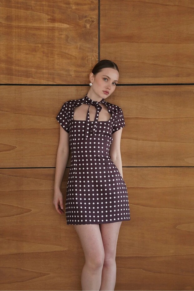 Women's Brown White Polka Dot Patterned Scarf Collar Mini Dress - Stylish Summer Polka Dot Dress 6012