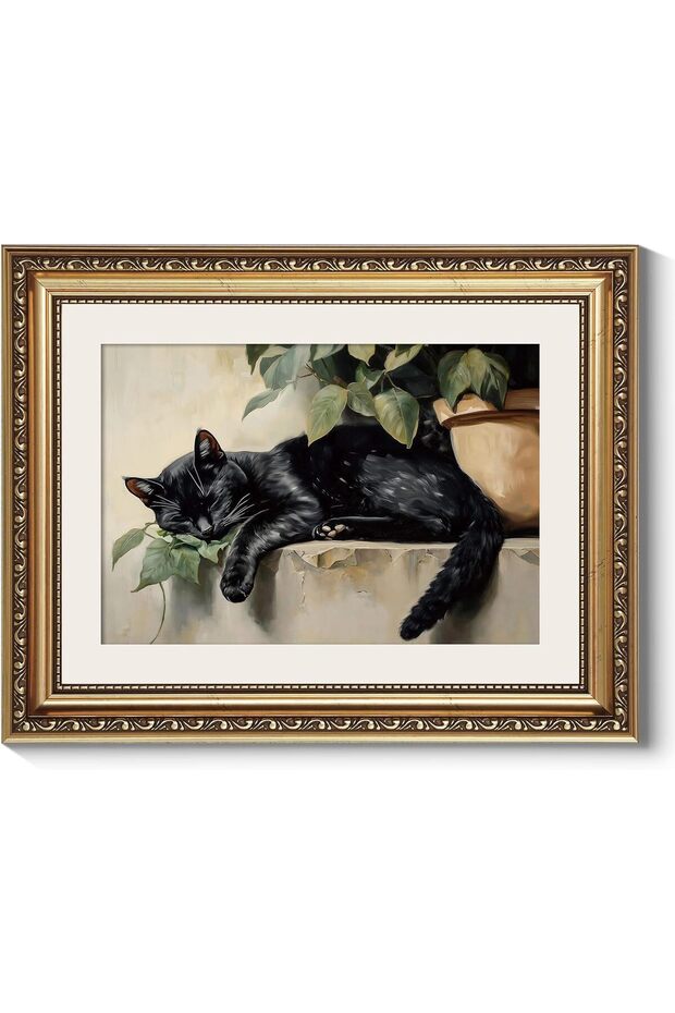 Premium Sleeping Black Cat Canvas Wall Art Gold Frame 40x60 cm