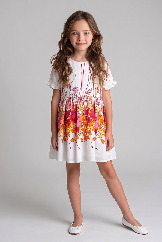 Girls Colorful Floral Print Short Sleeve Ruffle Summer Dress