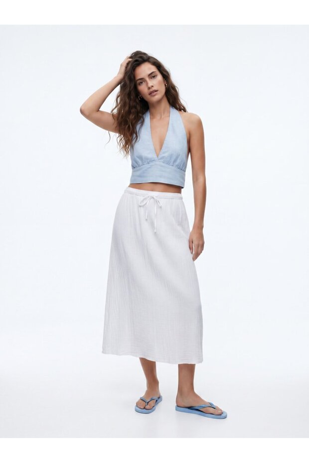 Flowy High Waist Drawstring White Skirt