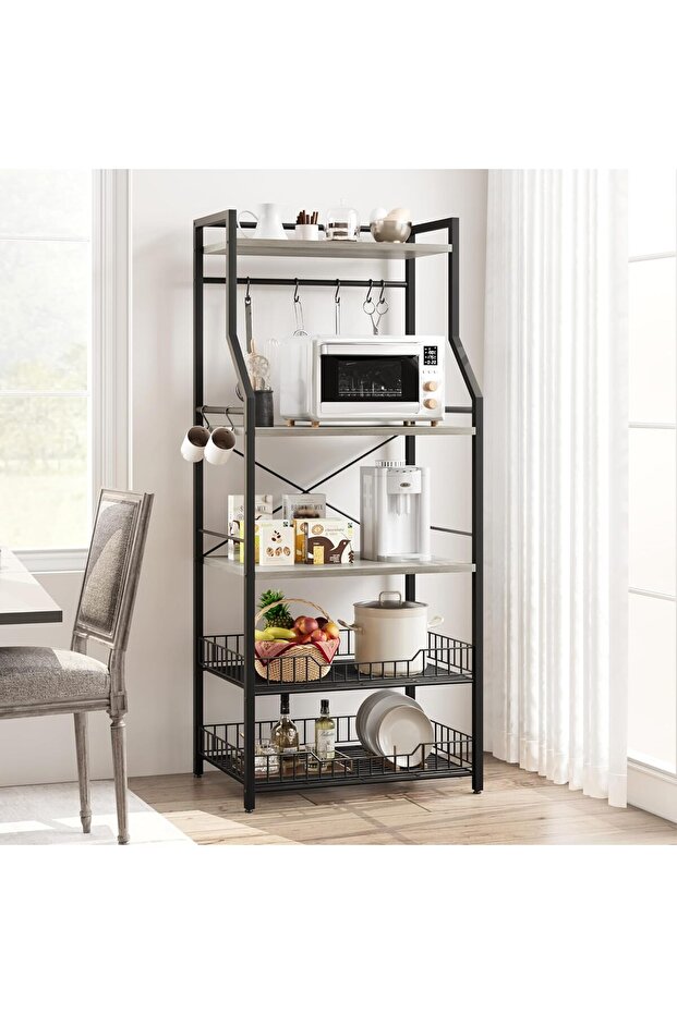 5-Tier Kitchen Bakers Rack, Microwave Stand with 2 Large Wire Baskets & 8 Hooks