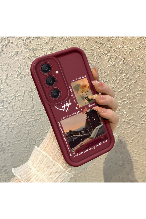 Samsung Galaxy A24 Compatible Flexible Silicone Case with Burgundy Frame and Vintage Photo Collage Motif