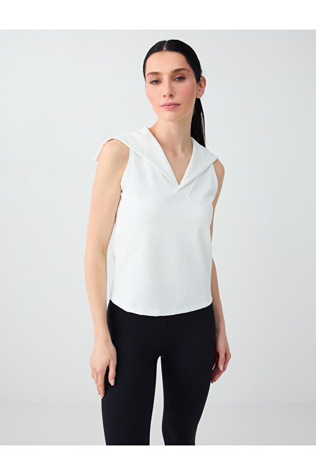 Off-White V-Neck Detailed Sleeveless Knitted Blouse
