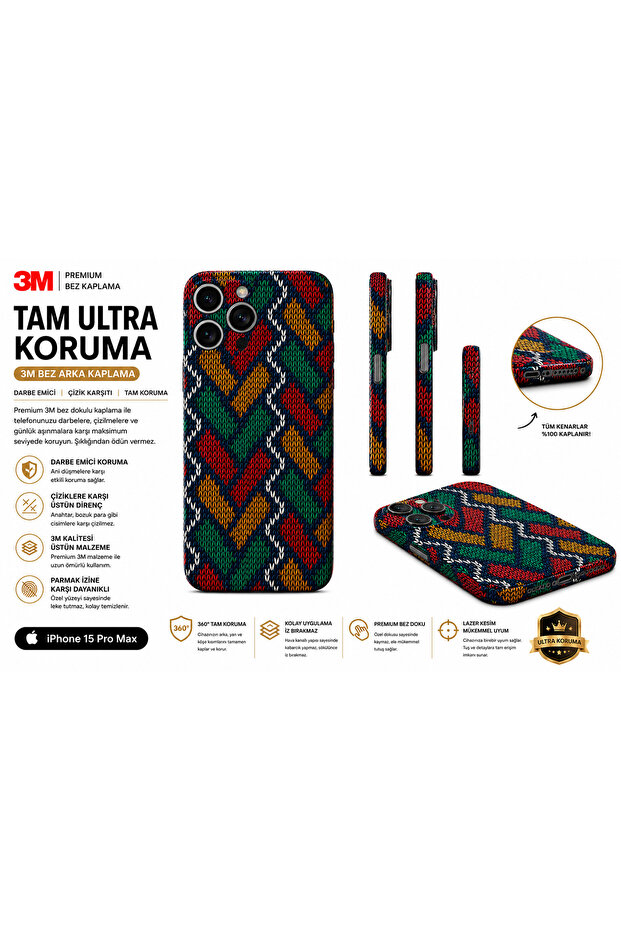 iPhone 15 Pro Max Compatible 3m Premium Knitted Patterned Back Cover Skin Sticker