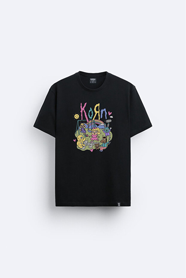 Korn Printed Crew Neck Black T-Shirt