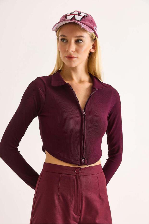 Women's polo neck zippered ribbed ribbed crop burgundy