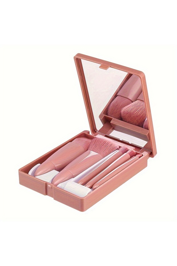 Coffee Pink Mini 5-Piece Portable Makeup Brush Set With Mirror - Makeup Brush Travel Set, Eyeshadow