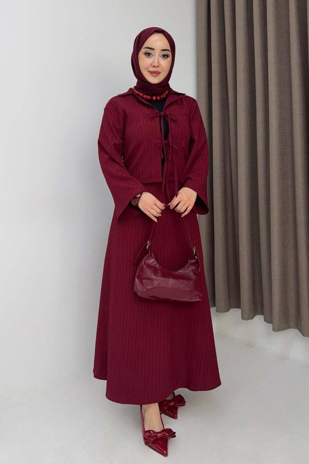 Women's Front Tie Crop Top - Skirted Set Burgundy