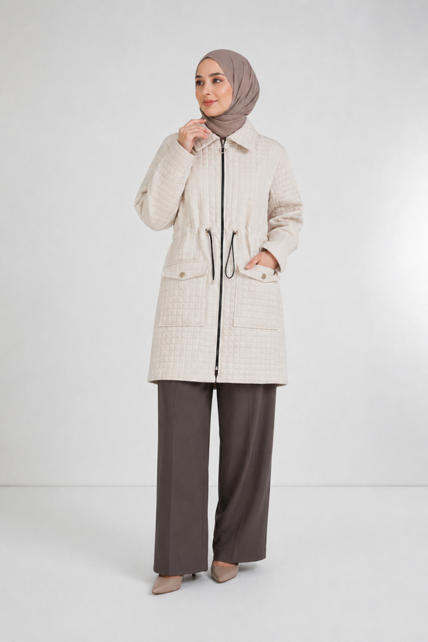 Women's Quilted Zippered Trench Coat with Elastic Waist Raincoat Cap