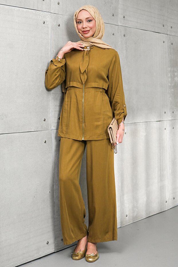 Oil Green Elastic Waist Zippered Jacket and Trousers Set