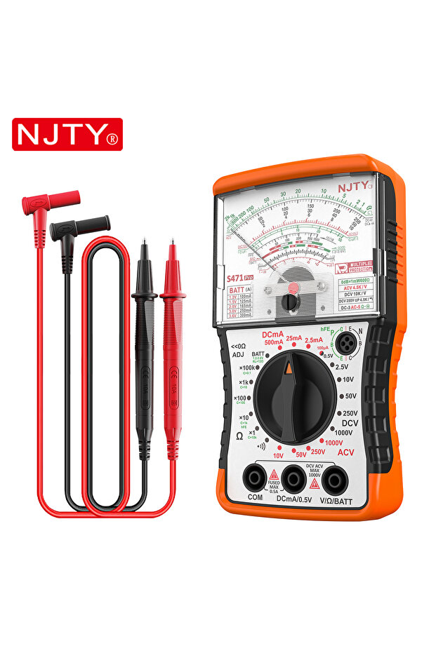 جهاز قياس متعدد الوظائف يدوي تناظري طراز NJTY S471Pro باللون الأصفر، يقيس حتى 1000 فولت تيار متردد/مستمر، جهاز اختبار الجهد والتيار المستمر