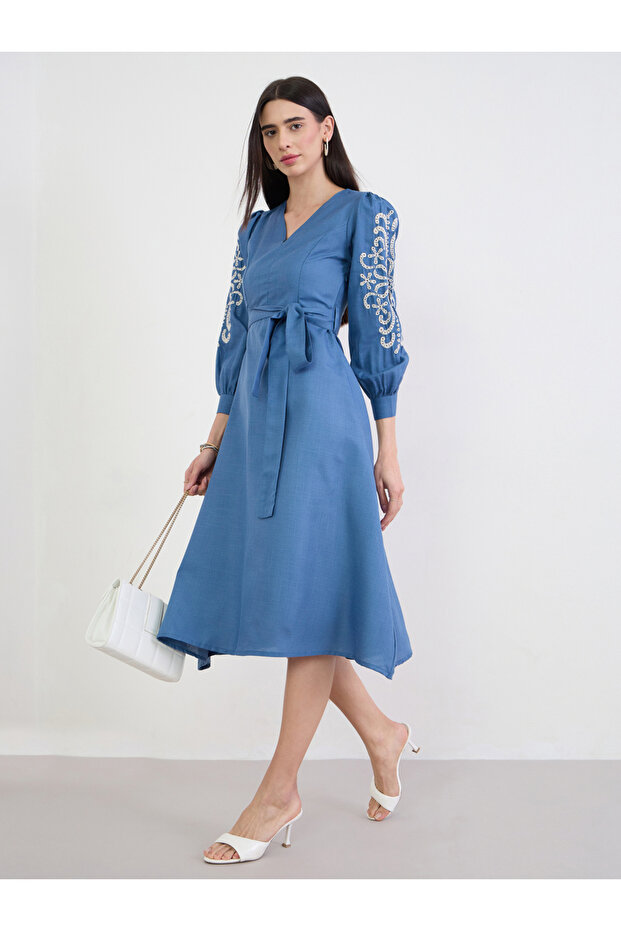 Blue Embroidered Sleeves A-Line Midi Dress