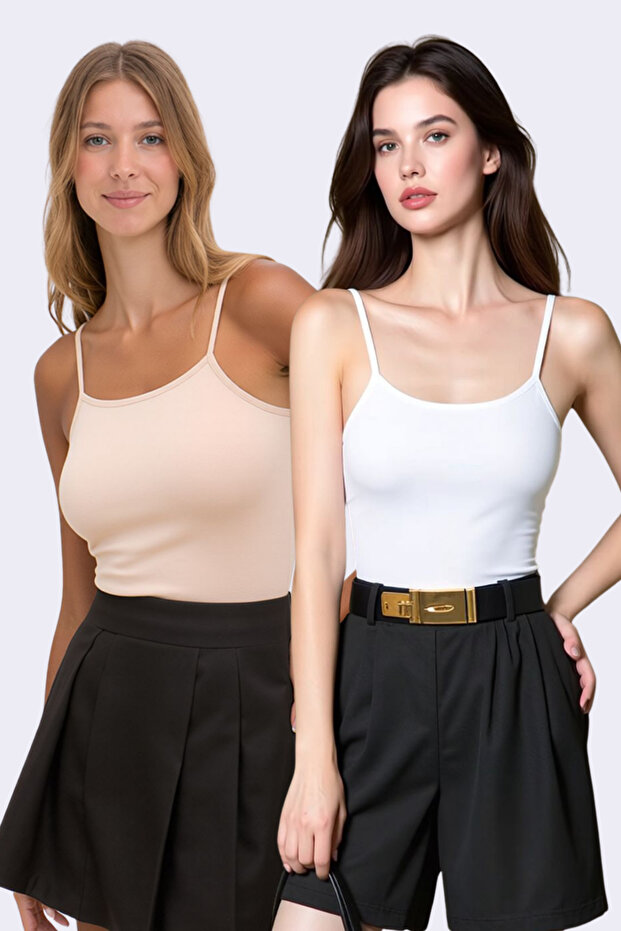 Women's 2-Piece Basic Rope Strap Tank Top - 95% Cotton & 5% Elastane Flexible Daily Wear