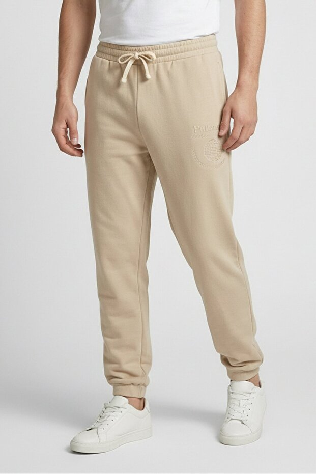 Men Regular Fit Brand Logo Jogger Pants, Beige