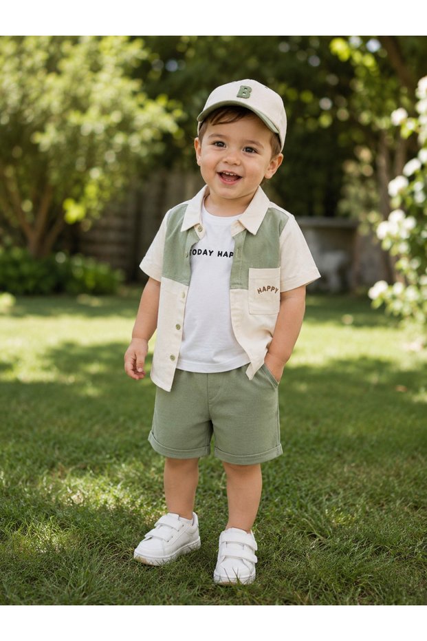 Boys' 3-Piece Set - Short-Sleeved Shirt and Sleeveless T-Shirt, Fabric Shorts Set - Stylish Design for Holidays and Travel, Ages 2-5