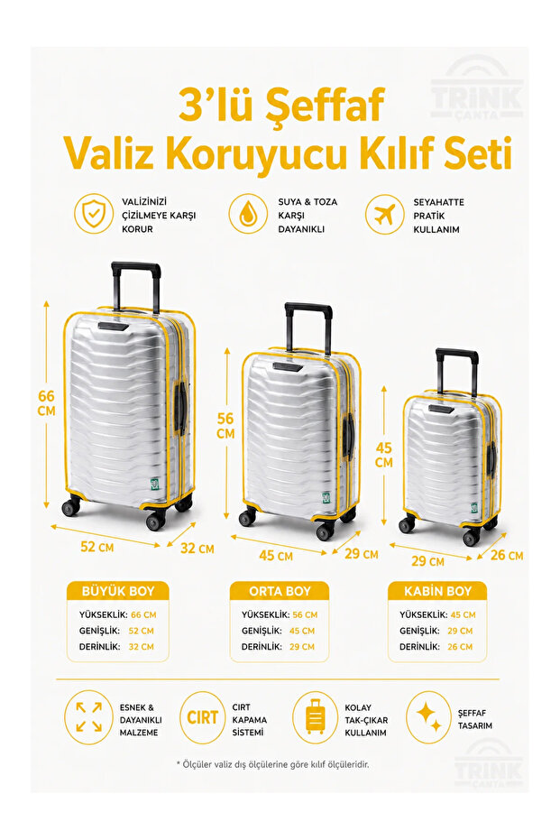Transparent Luggage Protective Cover and Suitcase Protective Cover - Set of 3 (Large + Medium + Cabin) * Yellow *