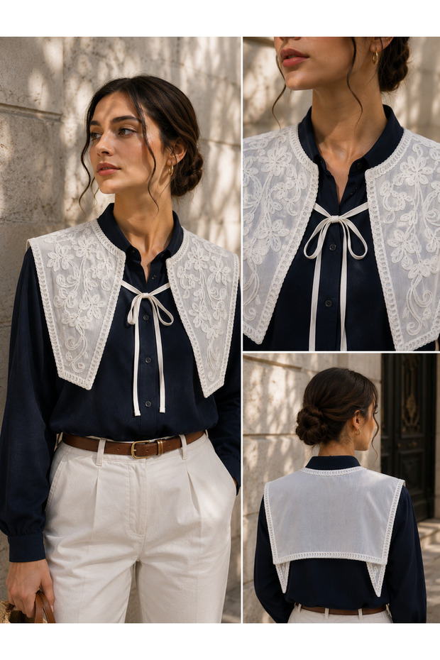White Vintage Patterned Embroidered Shawl Collar