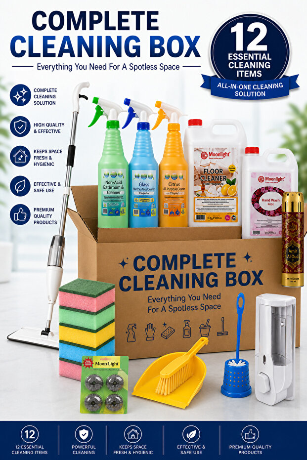 ALKANZ Complete Cleaning Box – 12 Essential Cleaning Items | All-in-One Home & Office Cleaning Kit | Floor, Bathroom, Glass & Multi-Surface Cleaning Set