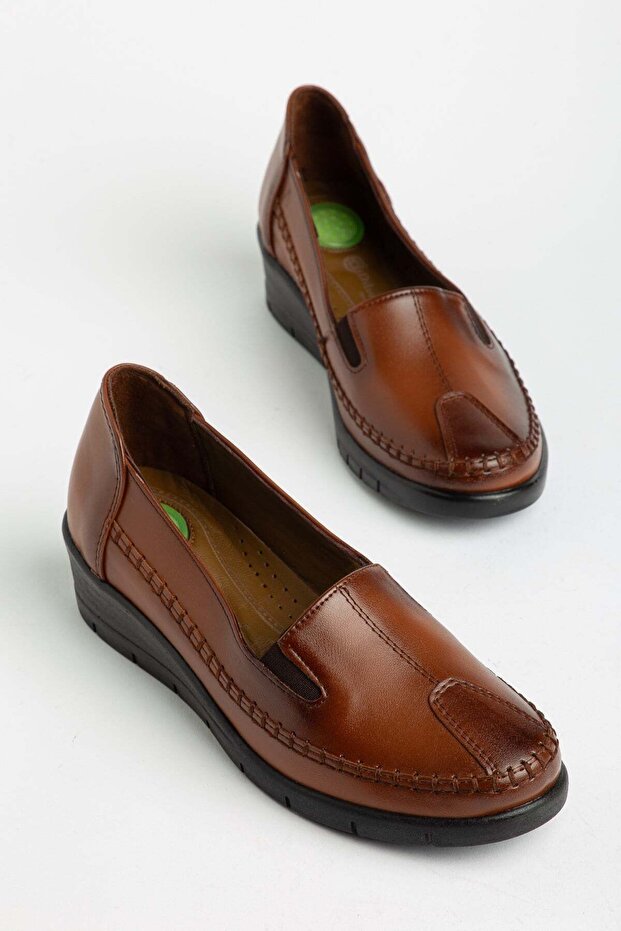 Large Size Genuine Leather Orthopedic Casual Shoes Tan Wedge Heel Side Straps