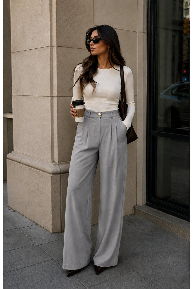 Gold Button Detail Pleated Palazzo Trousers