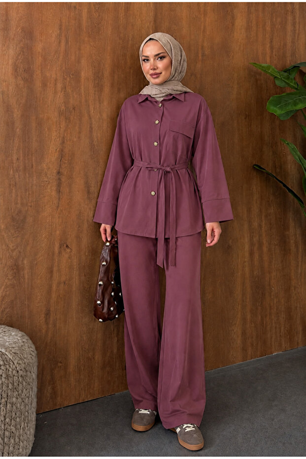 Women's Belted Shirt and Pants Set - Comfortable Fit Islamic Clothing Set