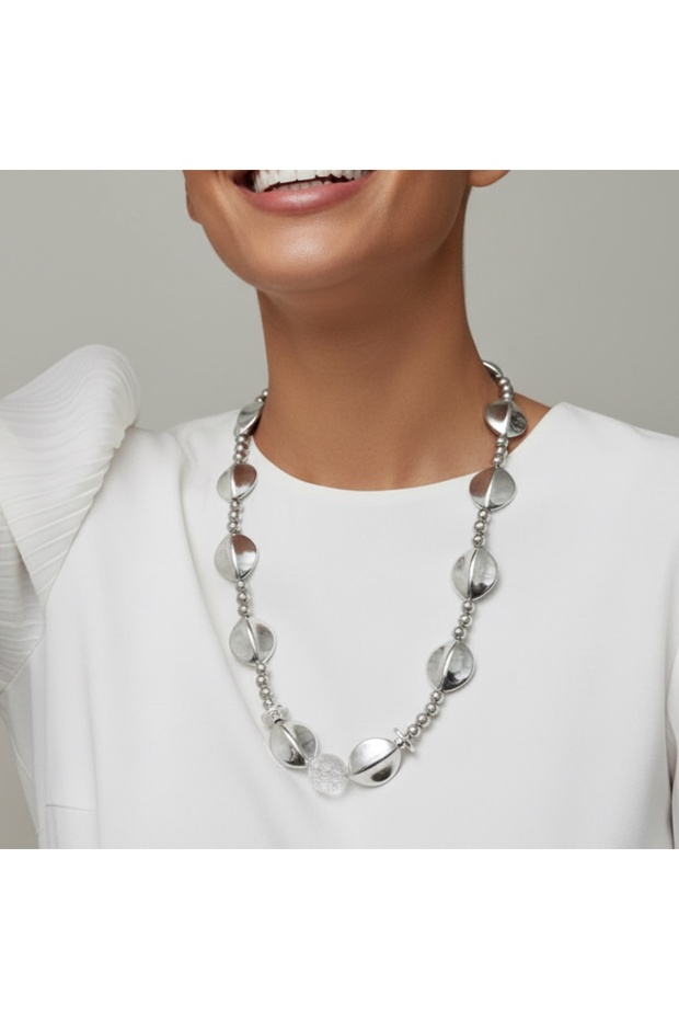 Silver Color Almond Model Beaded Multiple Special Design Necklace