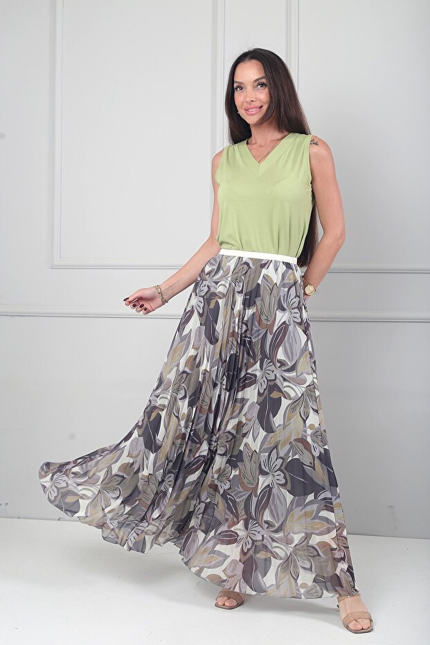 Women's Elastic Waist Lined Leaf and Flower Motif Abstract Pattern Pleated Long Chiffon Skirt