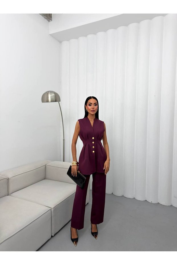 Women's Vest Trouser Suit with Button Detail, Stylish Two-Piece Suit, Office Combination
