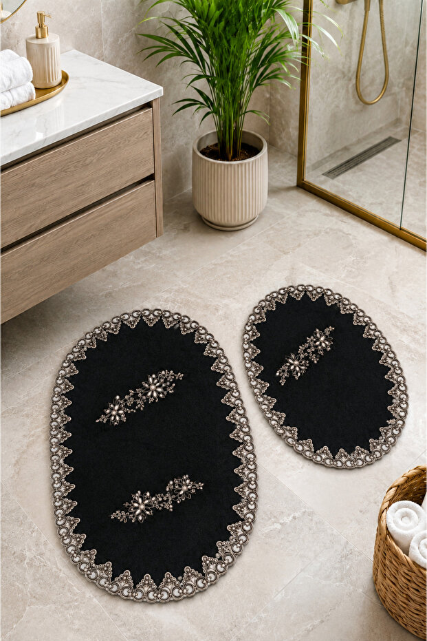 Black 2-Piece French Lace Luxury Bath Mat Non-Slip Dowry Oval Bath Mat Set Lauris