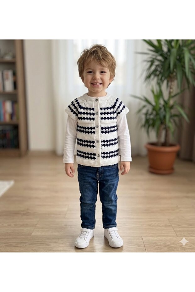 Seamless Hand Knitted White Color Baby Vest with Navy Blue Pattern