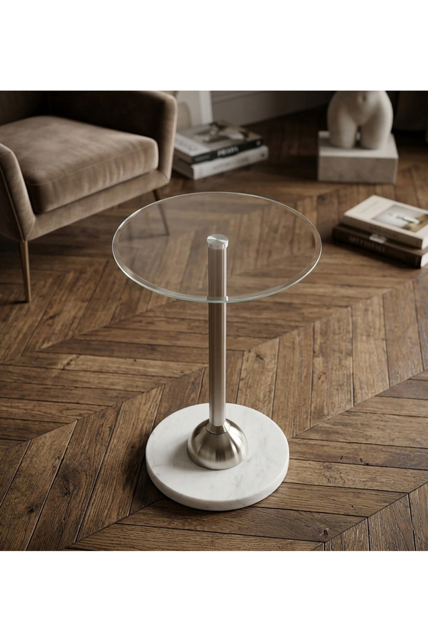 طاولة خدمة دائرية - سطح زجاجي وقاعدة رخامية - 56×35 سم - فضي