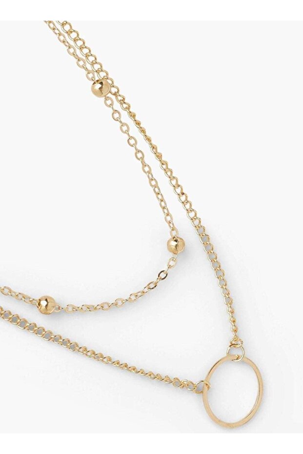 Circle Pendant With Small Golden Balls Double Layered Chain Necklace