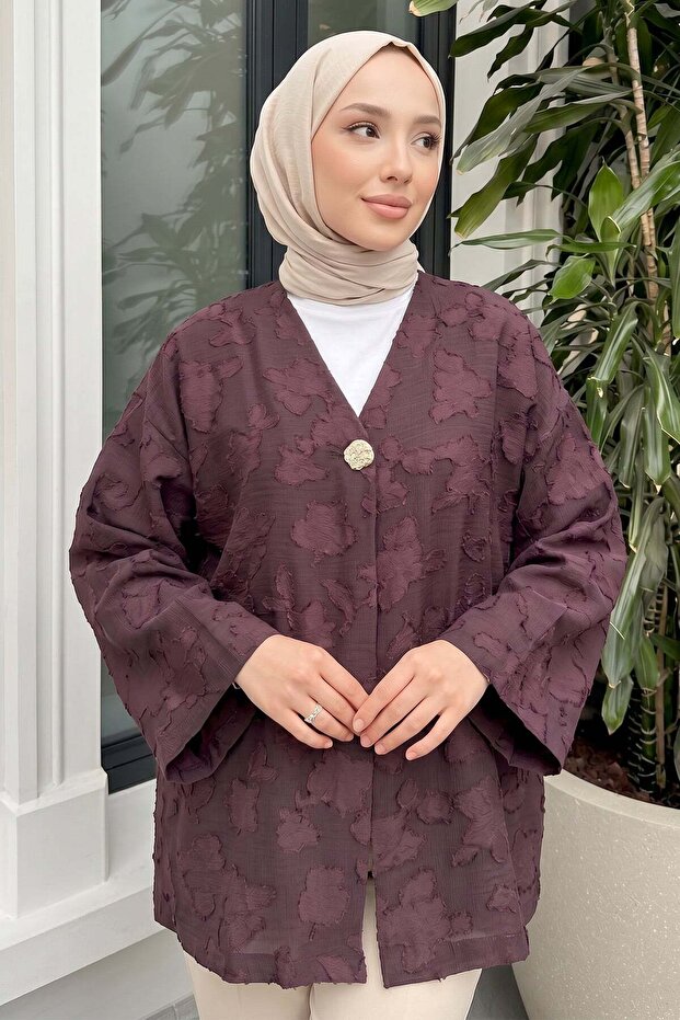 Jacquard Detailed Kimono Y0111 - Mürdüm