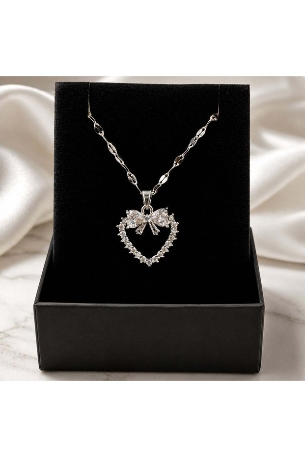 Bowknot Detailed Stoned Heart Women's Necklace - Elegant Steel Necklace That Does Not Tarnish