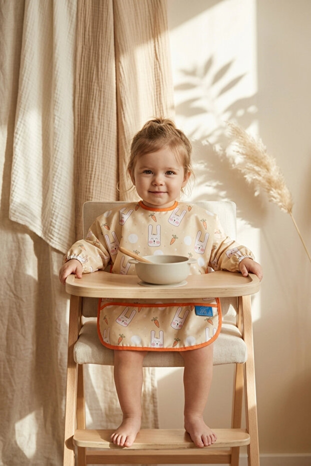 Bunny Bliss Waterproof Baby Bib with Sleeves - Stain-Resistant, Blw Compatible, Rabbit Patterned Baby Bib