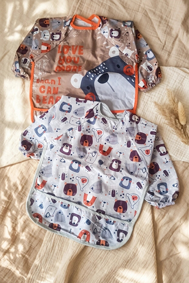 Bubu Bear Set of 2 Long Sleeve Waterproof Baby Bibs - Stain Resistant with Teddy Bear Pattern Blw and Akti