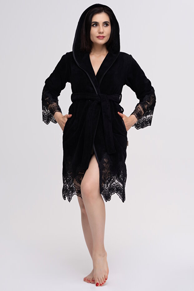 Luxury Hooded Bamboo Cotton Lace Women's Bathrobe Soft Textured Stylish