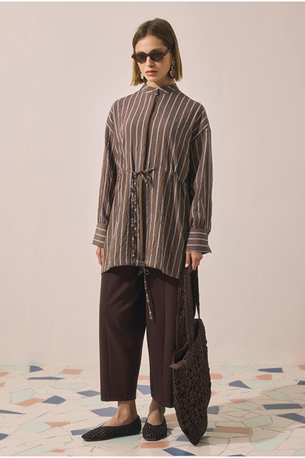 Tunnel Detailed Striped Shirt Brown