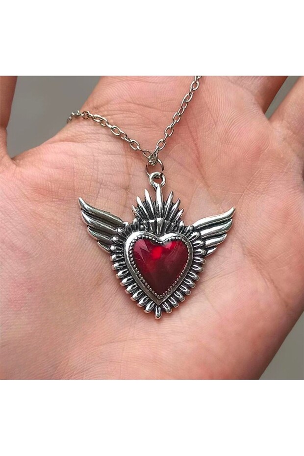 Embroidered Heart Necklace with Red Wing Detail